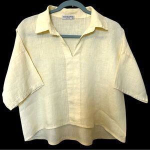 Terzo Millennio 100% Linen Butter Yellow V-Neck Boxy Minimal Cropped Top Italy